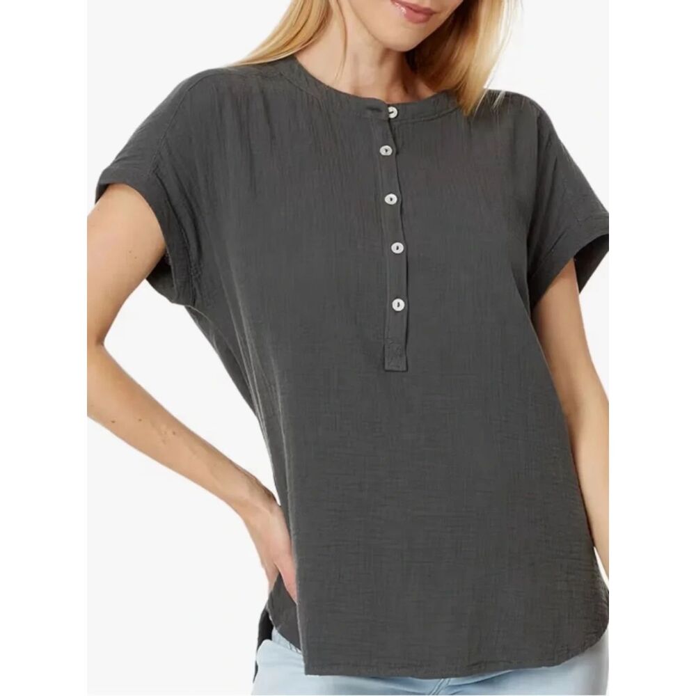 Faherty Womens Dream Organic Cotton Gauze Desmond Top Black Small Minimalist